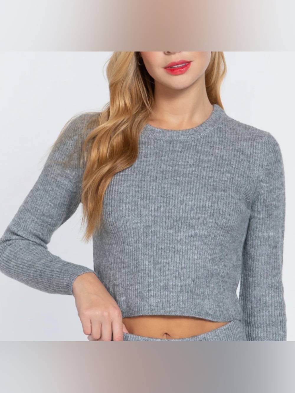 Heather Gray Cropped, Ribbed Crewneck Sweater - by Active USA: Size L